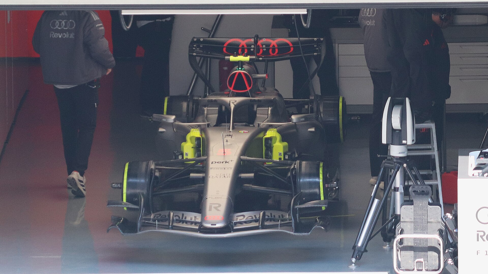 Audi R26 Formula One car in the team garage